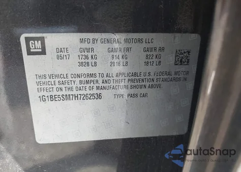 2017 Chevrolet Cruze Lt Auto z USA, uszkodzony, nr VIN 1G1BE5SM7H7262536